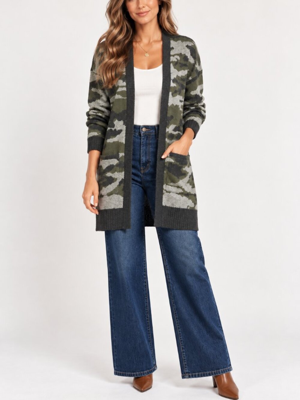 MK Metric Knits Camo Long Open Front Cardigan | Olive Navy Gray | Medium